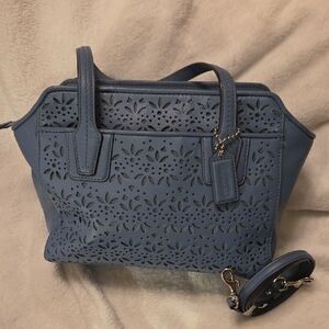 Coach NWOT Blue Shoulder Bag w/crossbody Strap & Floral Lasar Cutout Design